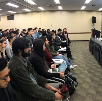 Consuls General of El Salvador, Costa Rica, Honduras and Guatemala address an audience of UIC students during a recent edition of the Allan Lerner Foreign Policy Lecture Series.
                  