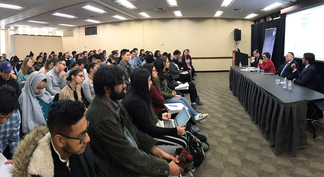 Consuls General of El Salvador, Costa Rica, Honduras and Guatemala address an audience of UIC students during a recent edition of the Allan Lerner Foreign Policy Lecture Series.