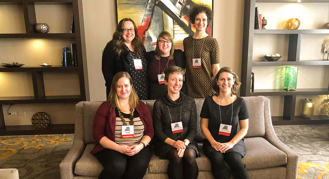 Six Tutorium in Intensive English instructors pose for a photograph at the Illinois Teachers of English to Speakers of Other Languages – Bilingual Education 44th annual convention, Feb. 22-23, in Lisle.