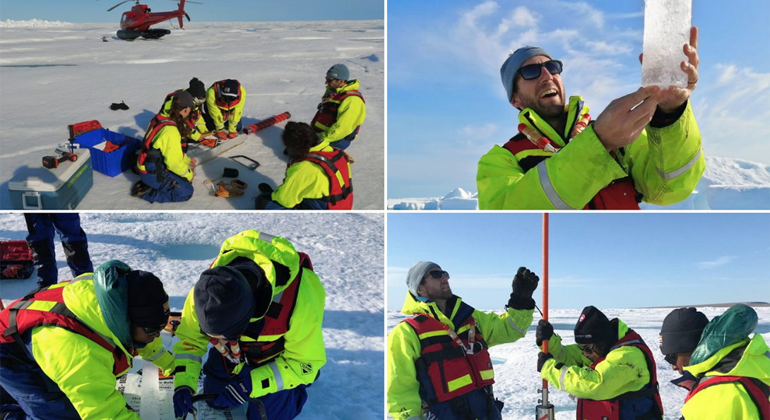 Four photos of students and faculty drilling through the ice for samples