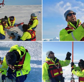 Four photos of students and faculty drilling through the ice for samples
                  