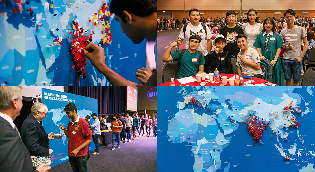 Four images from the event including a student pressing a pin into the map, students posing with smiles, and a student meeting the Chancellor