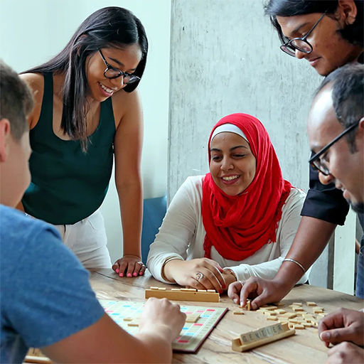 Students gathered around table