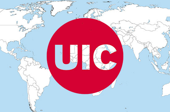 red uic logo with blue and white world map background