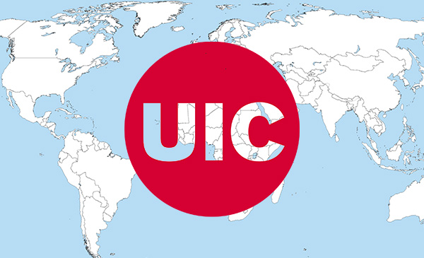 UIC logo overlaid on world map