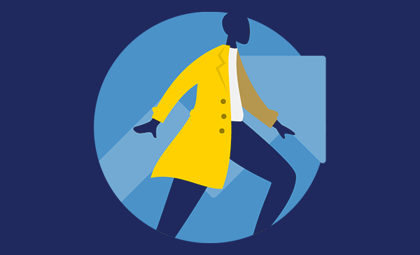 Illustration of human figure in yellow jacket stepping forward with upward arrow in background