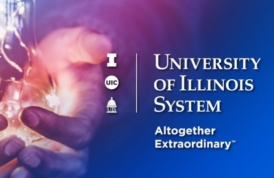 white university of illinois system logo against a lavender and gold background