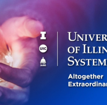 white university of illinois system logo against a lavender and gold background 